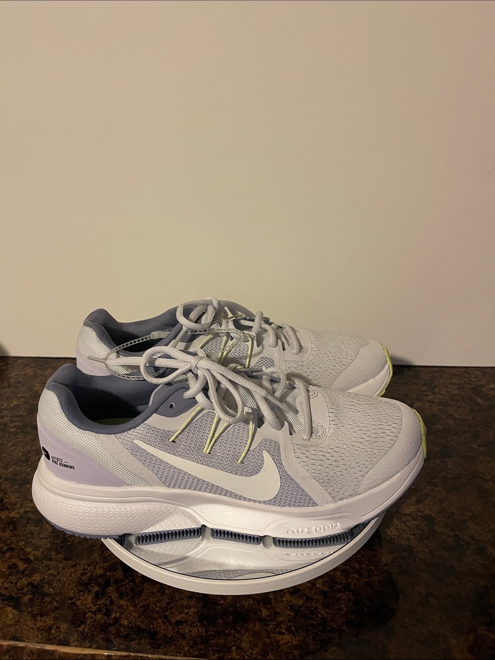 Nike Women's White and Light Gray Running Sneakers with Yellow Accents